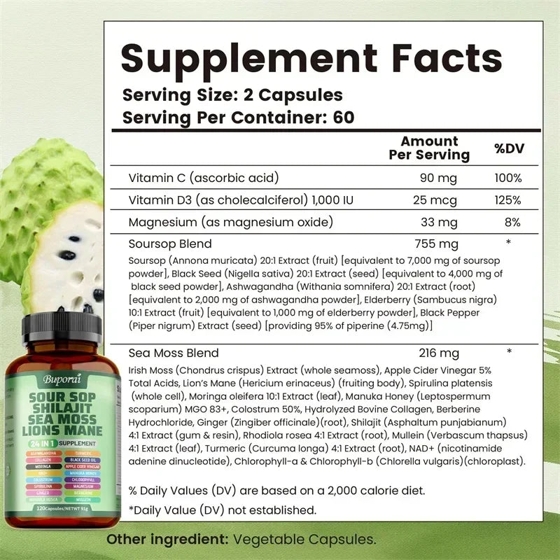 24-In-1 Soursop Supplement - Improve Skin Health, Promote Energy, Immunity, Promote Digestion, Maintain Overall Health